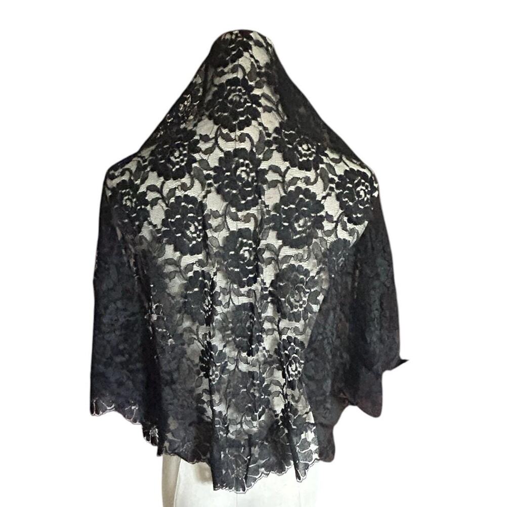 Vintage J. Pertinez Spanish Black Lace Mantilla Veil Shawl NOS